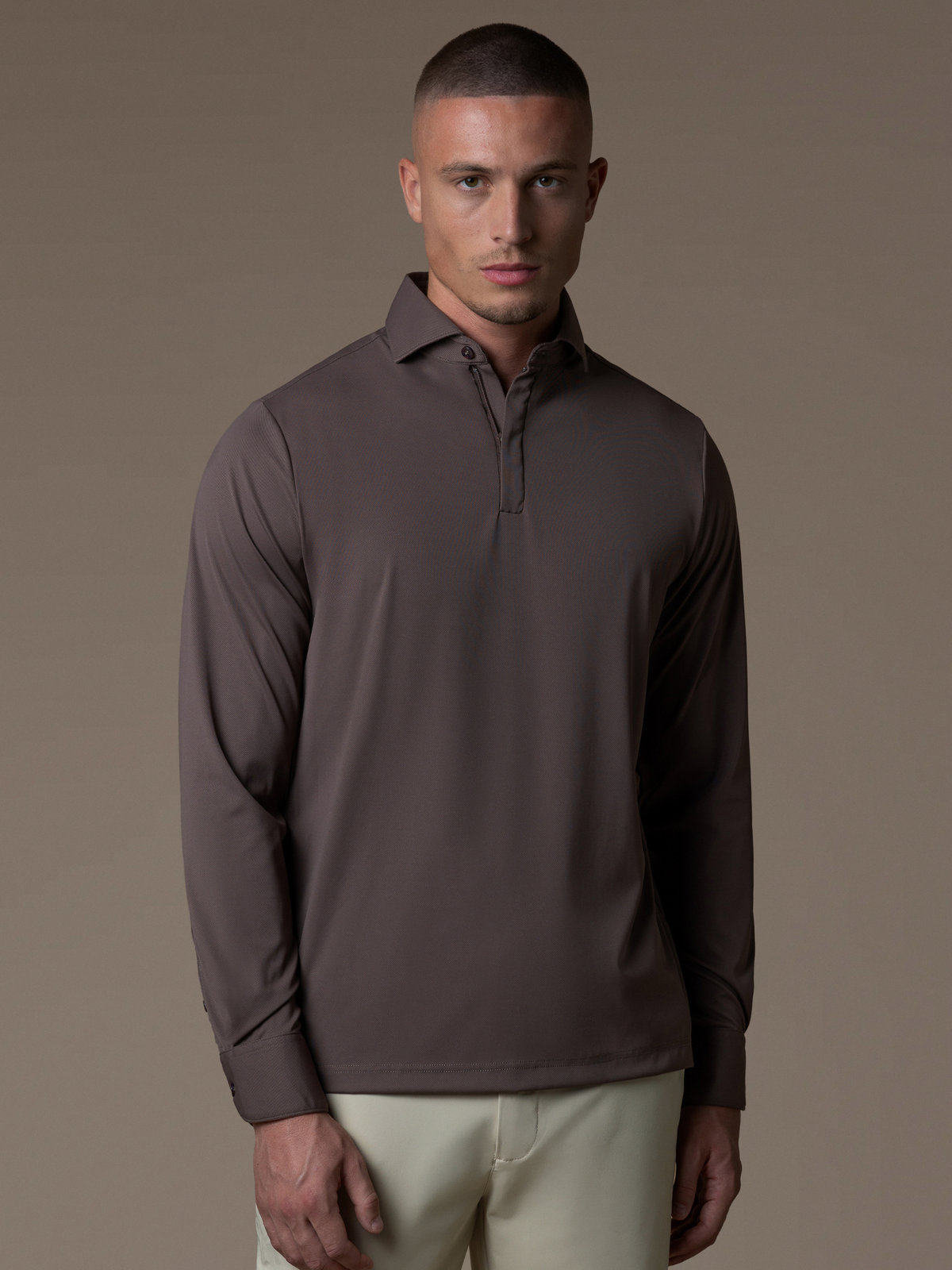Tech Zipper Longsleeve Polo - Mocha