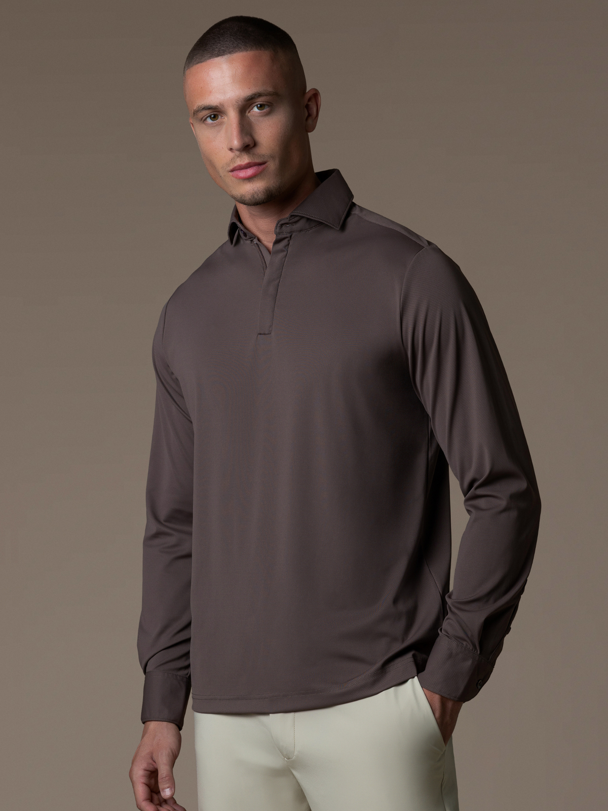 Tech Zipper Longsleeve Polo - Mocha