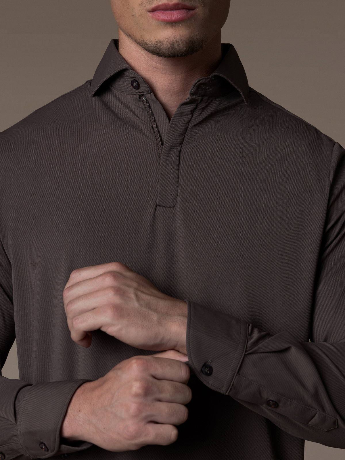 Tech Zipper Longsleeve Polo - Mocha